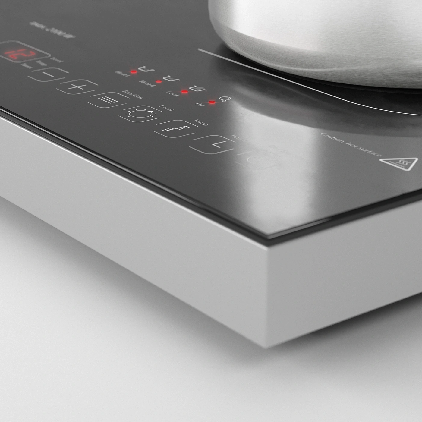 Induction cooktop with pot, control panel, cooking function, temperature control, warning