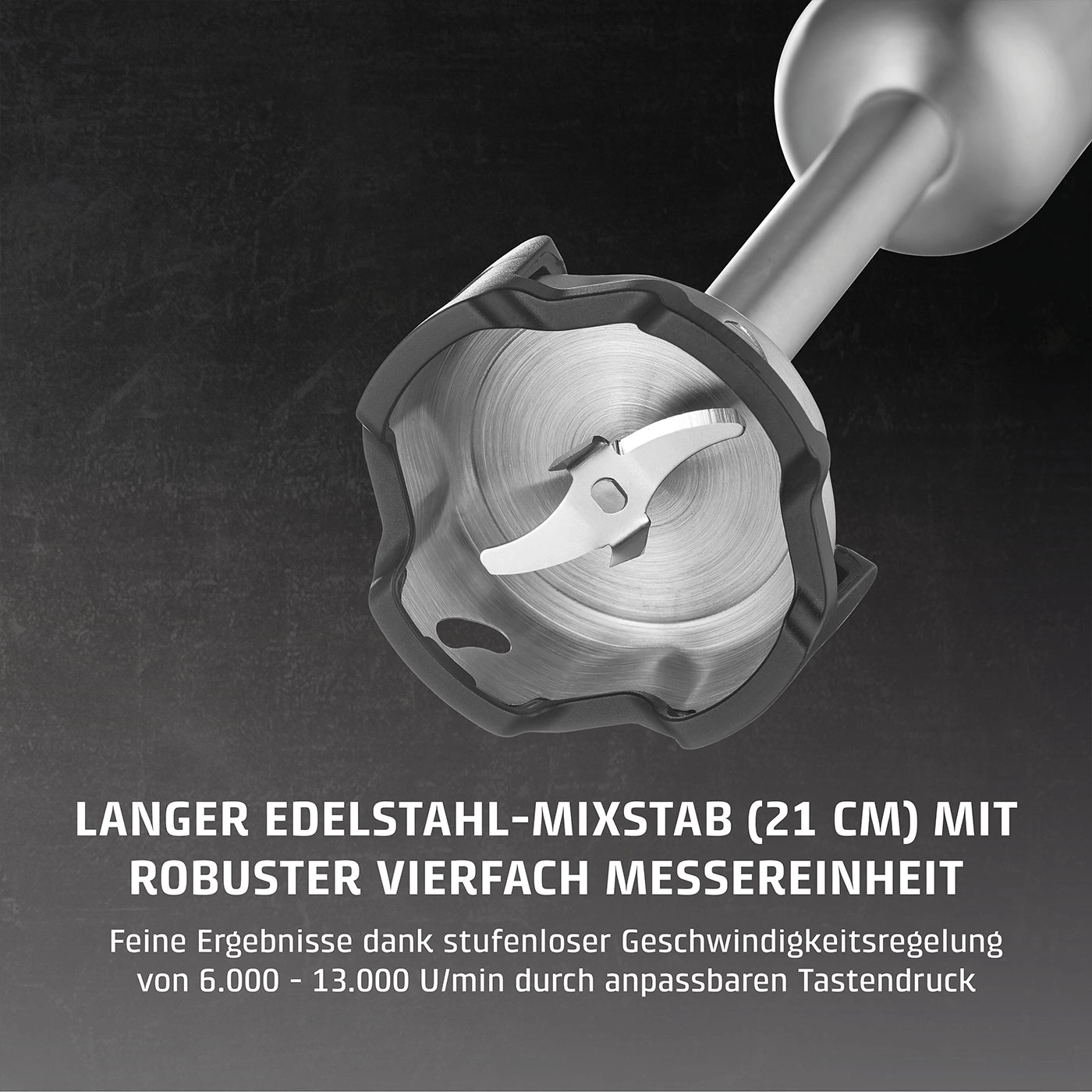 Edelstahl-Mixstab mit vierfacher Messereinheit, 21 cm, für feine Ergebnisse.