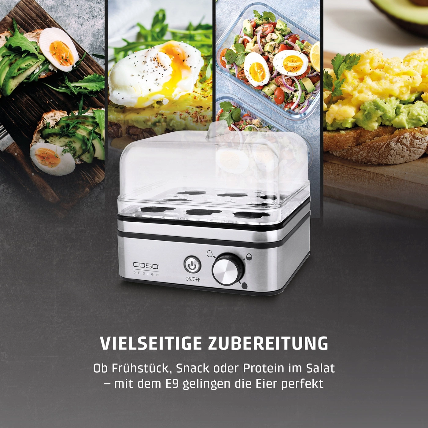Eierkocher mit verschiedenen Ei-Zubereitungen und Text