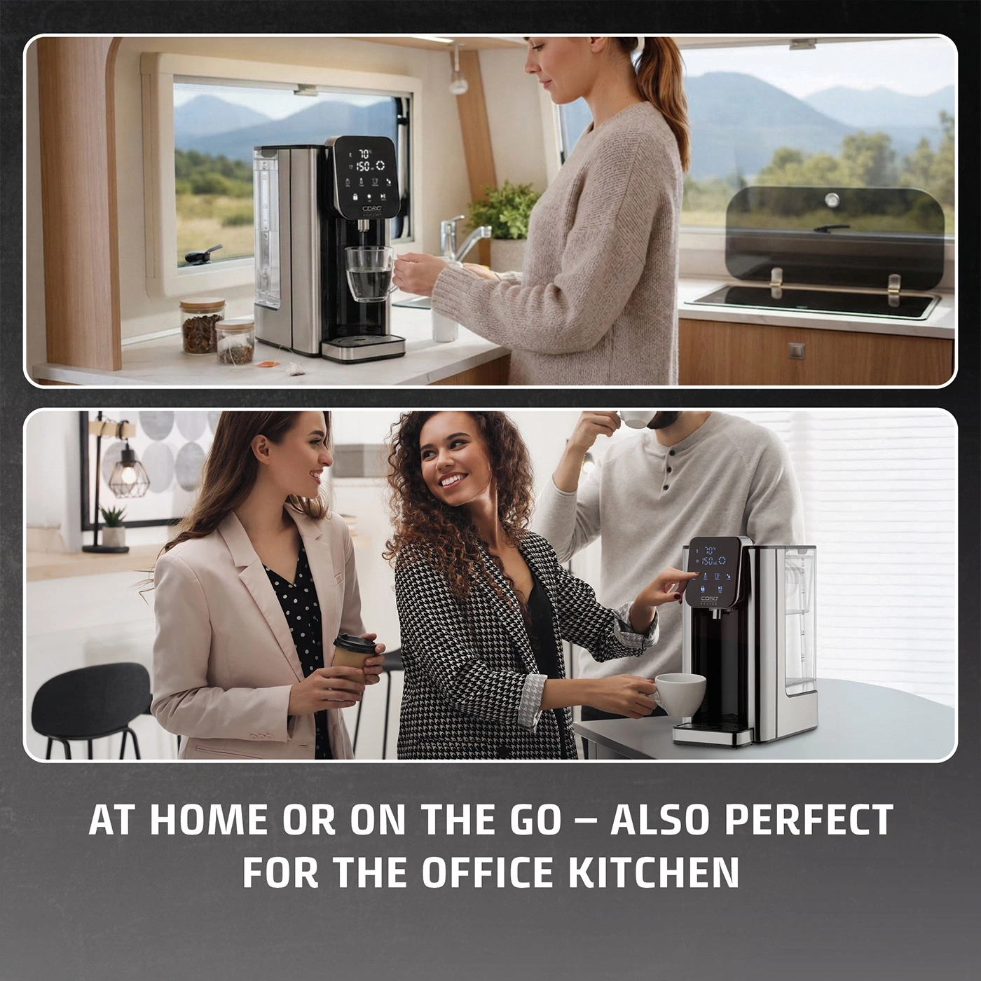 A water dispenser in a camper and office, perfect for home or on the go.