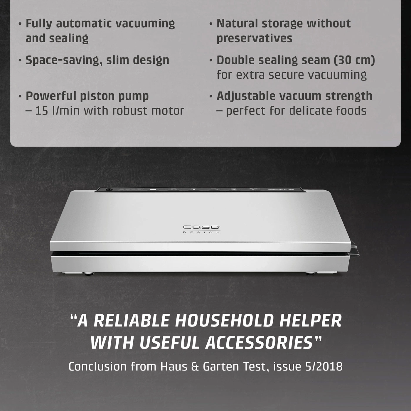 A silver vacuum sealer with text about its features and a quote.