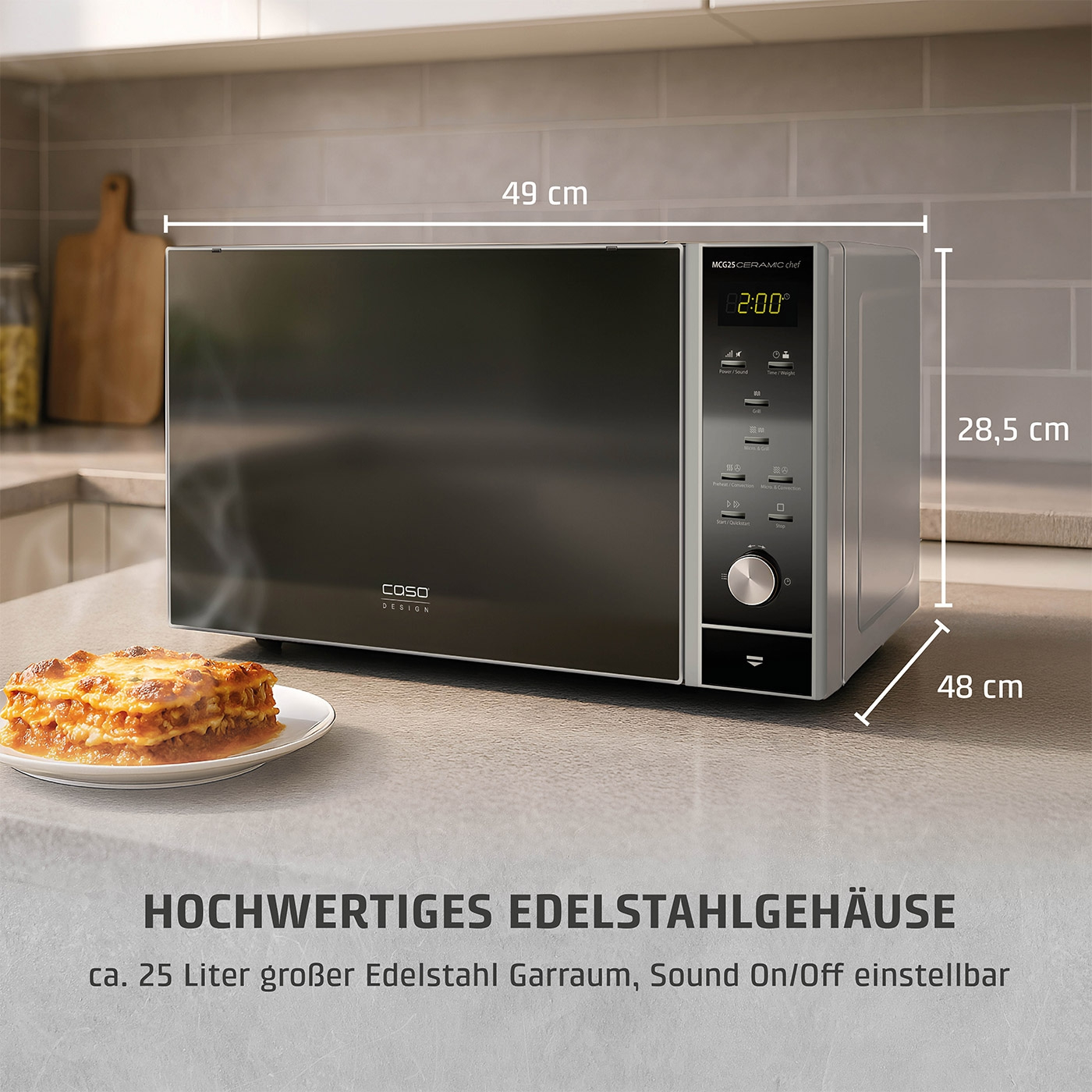 Mikrowelle mit Edelstahlgehäuse, 49x48x28,5 cm, 25 Liter Garraum, Sound On/Off