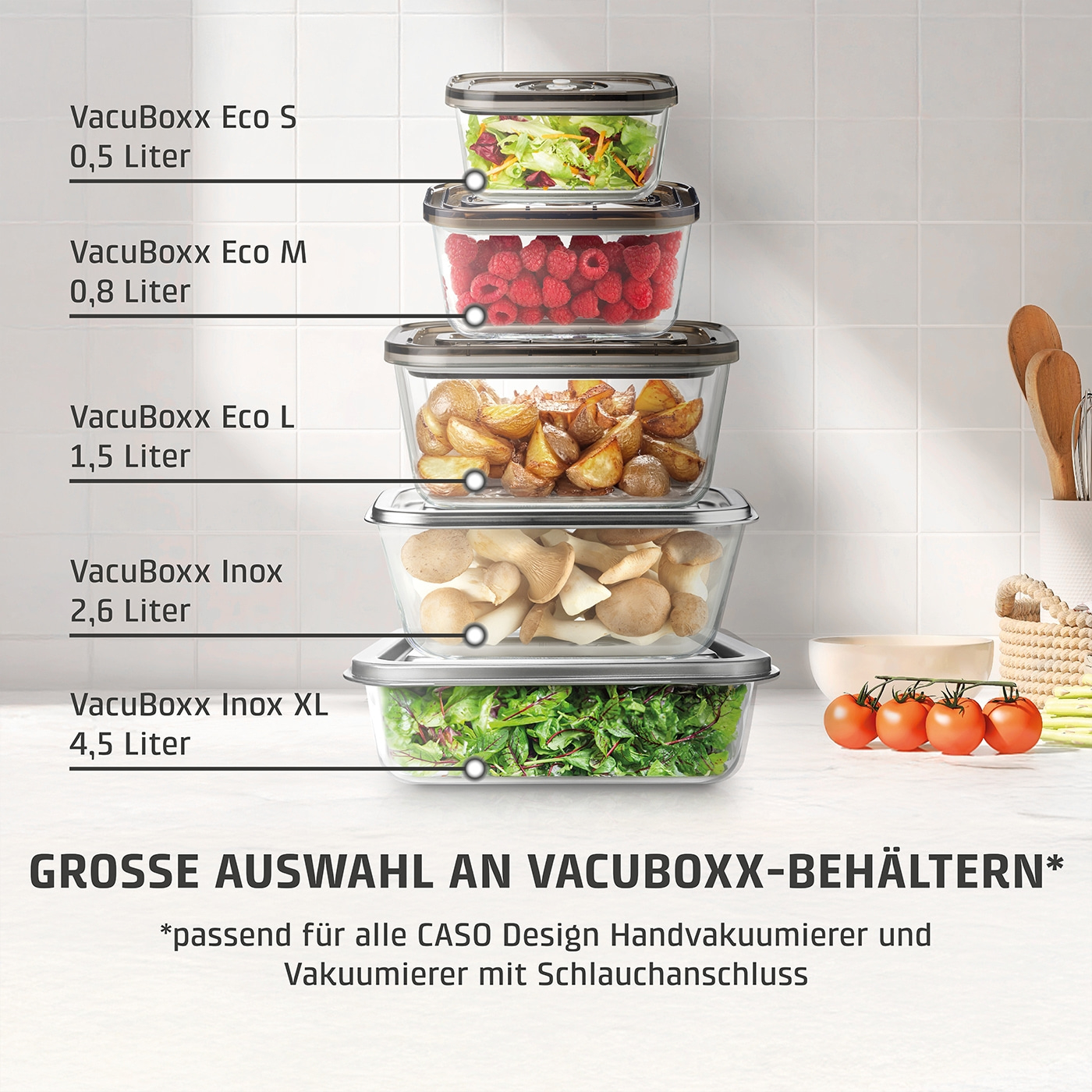 VacuBoxx containers with food: salad, raspberries, potatoes, mushrooms, and greens.