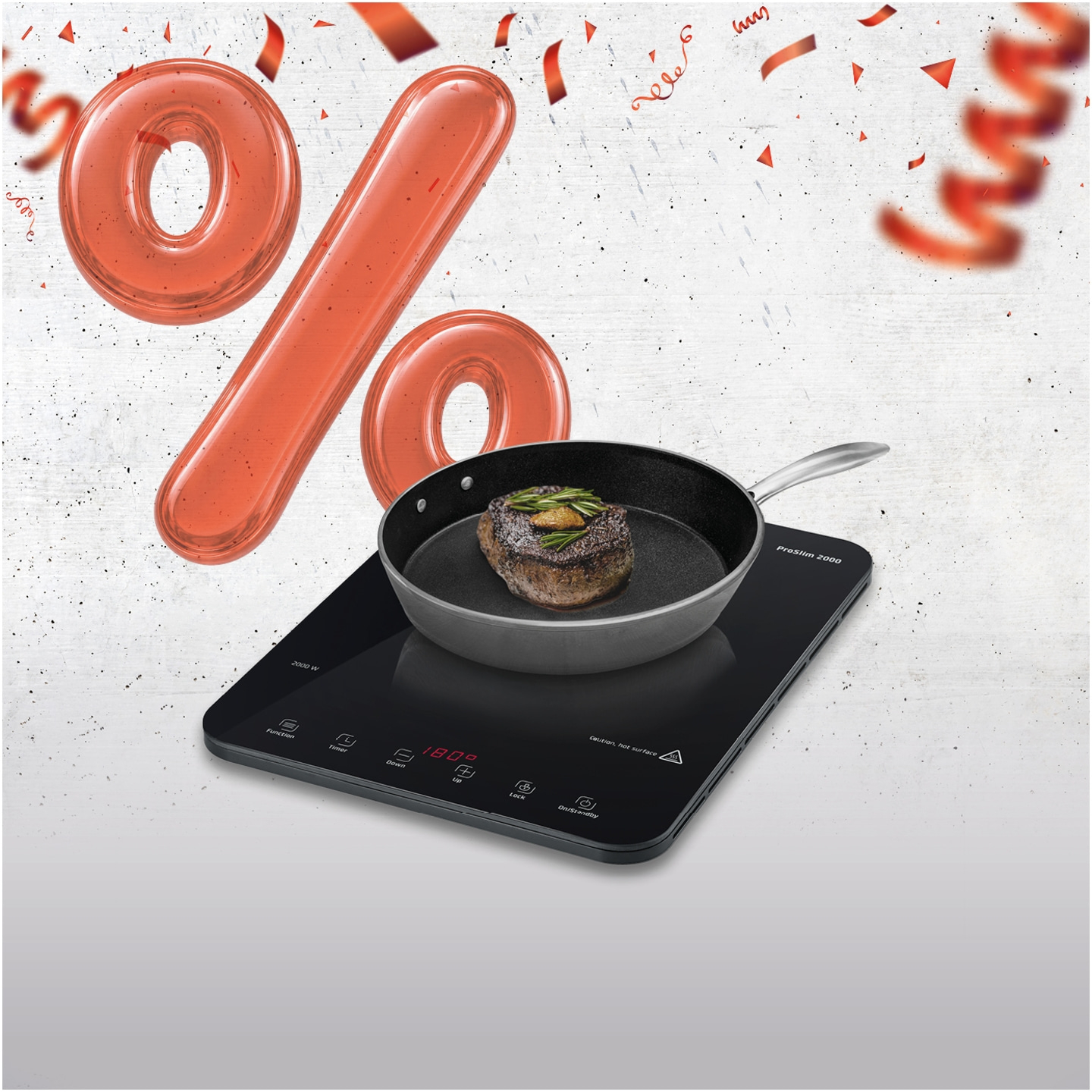 A steak on an induction cooker with percentage signs