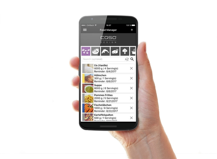 Hand holding a phone with a food manager app, ice cream, chicken, soup, fries, fish sticks, potato wedges