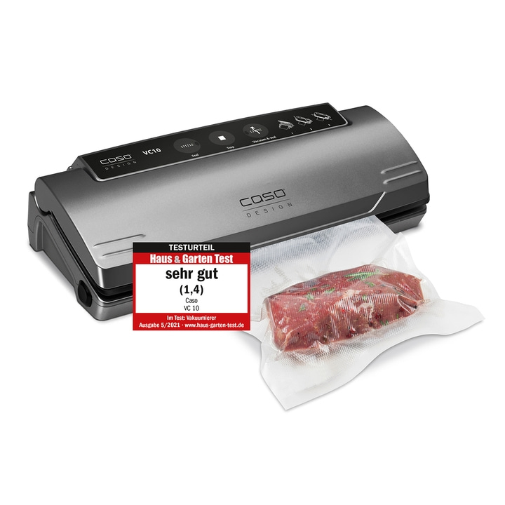 Caso VC10 vacuum sealer with 'very good' test result and meat in foil.