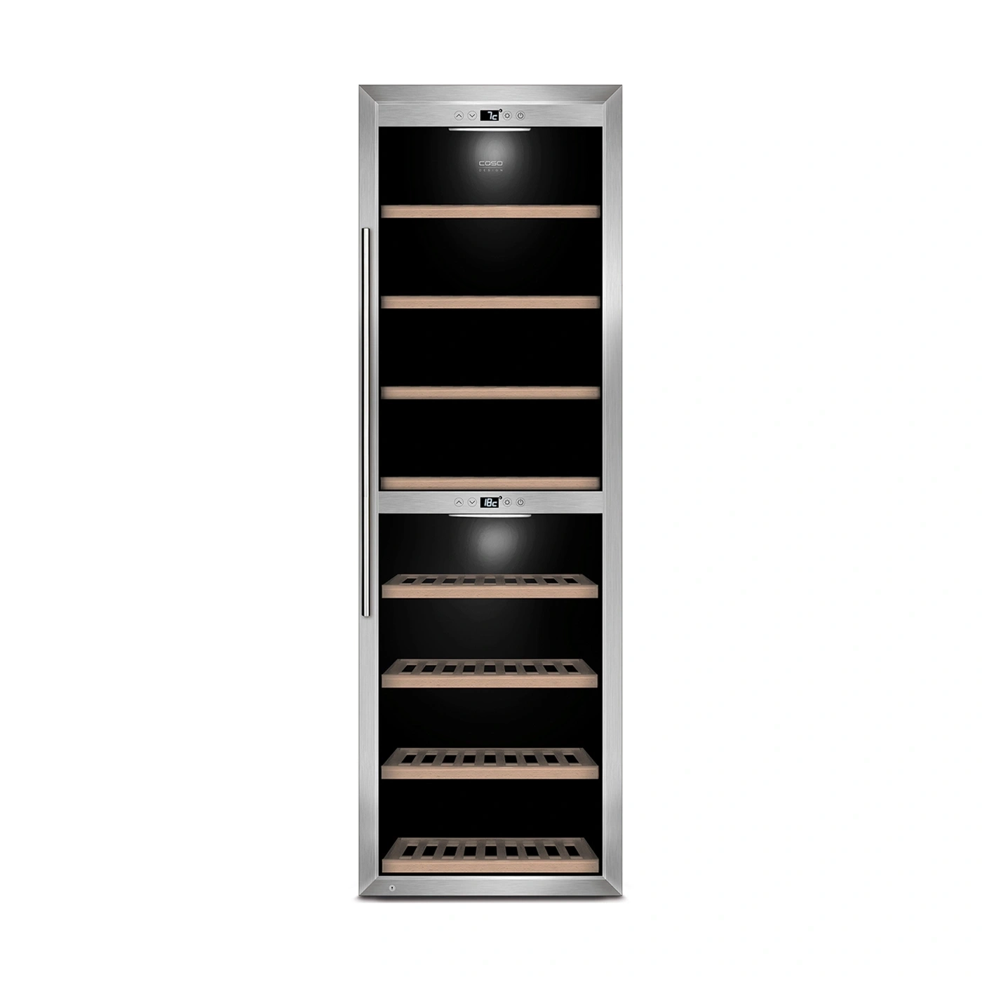 Weinkühlschrank mit Edelstahlrahmen und Glastür, Caso Design.