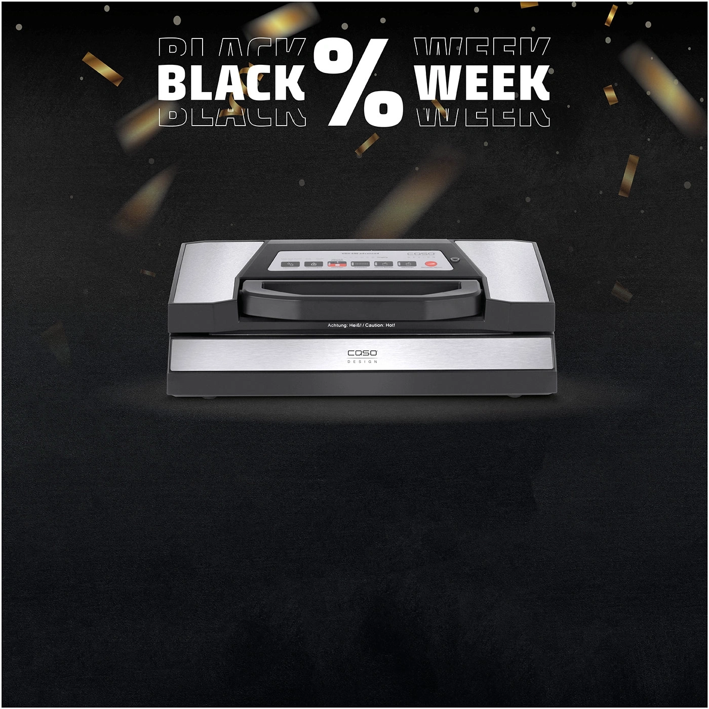 Black week offer with vacuum sealer and text 'BLACK WEEK' and 'COSO DESIGN'