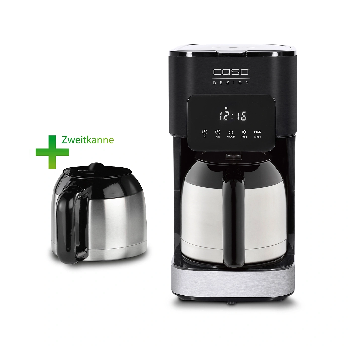 Coffee machine with extra pot, digital display, and stainless steel design