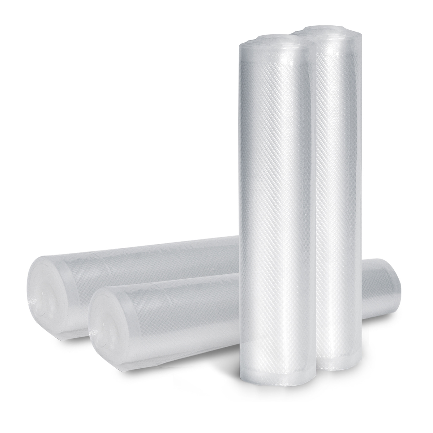 Rolls of transparent vacuum sealer bags lying on a white background.