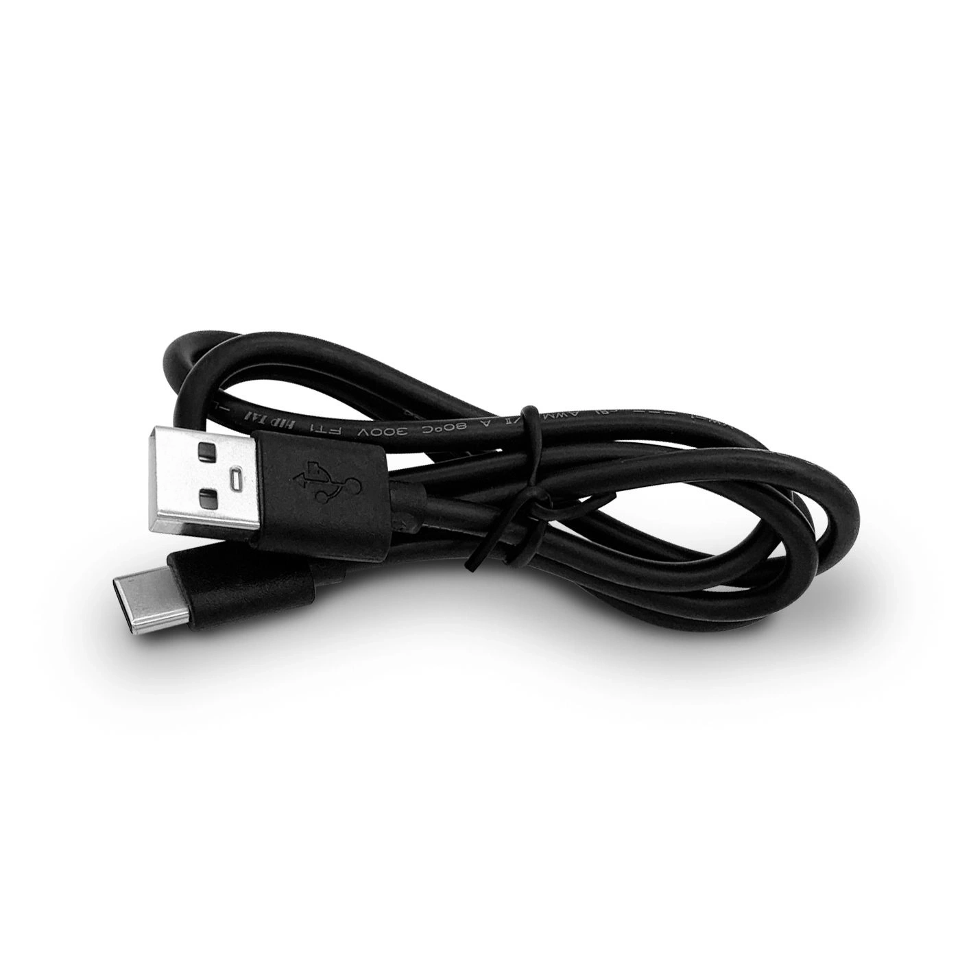 Schwarzes USB-Kabel mit USB-A- und USB-C-Anschlüssen auf weißem Hintergrund.