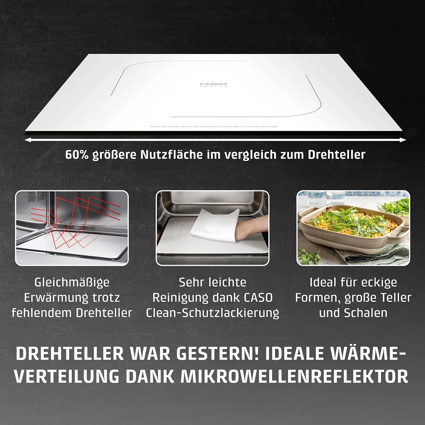 Mikrowelle mit größerer Fläche, gleichmäßiger Erwärmung und leichter Reinigung.
