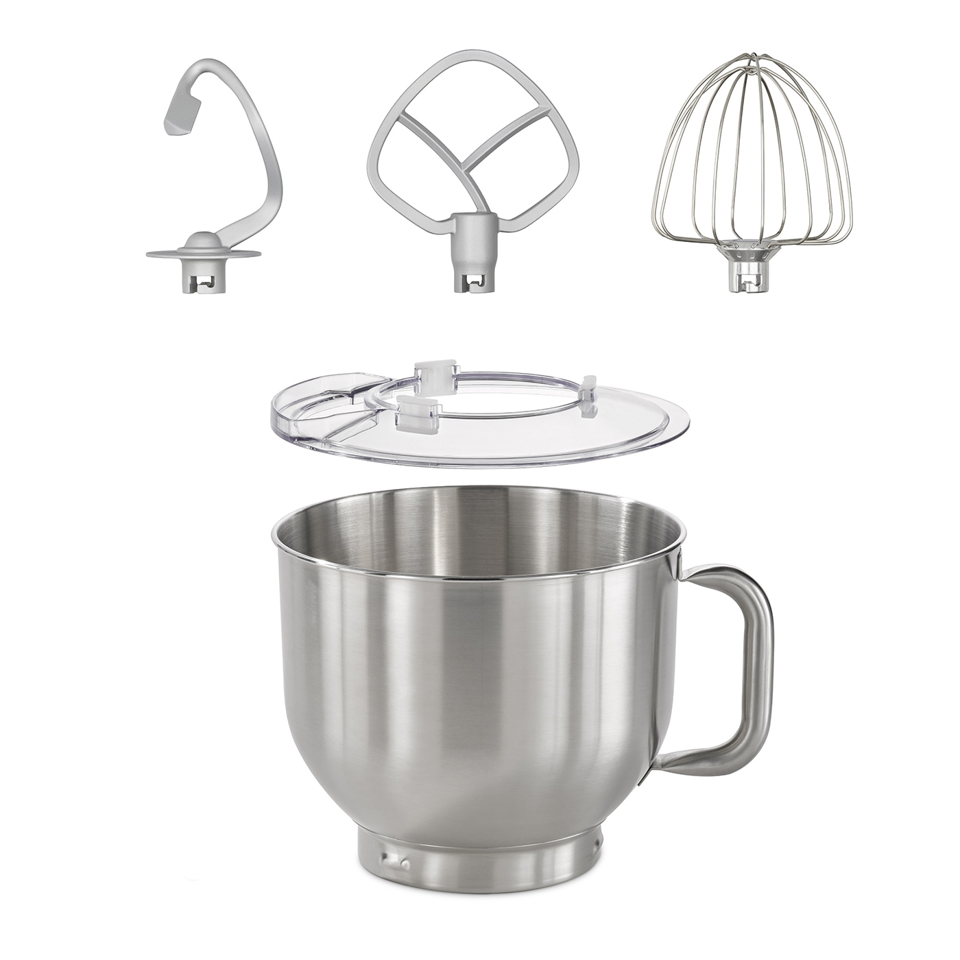 Kitchen mixer with accessories: dough hook, whisk, beater, bowl and lid.