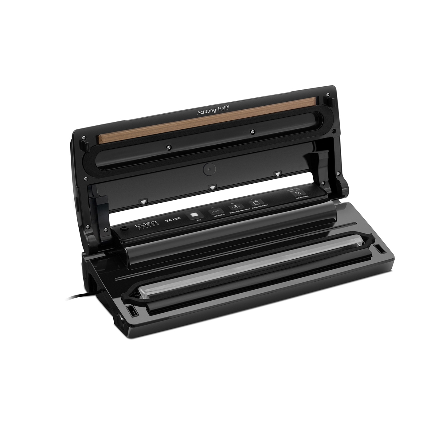 Black vacuum sealer with open lid and control panel.