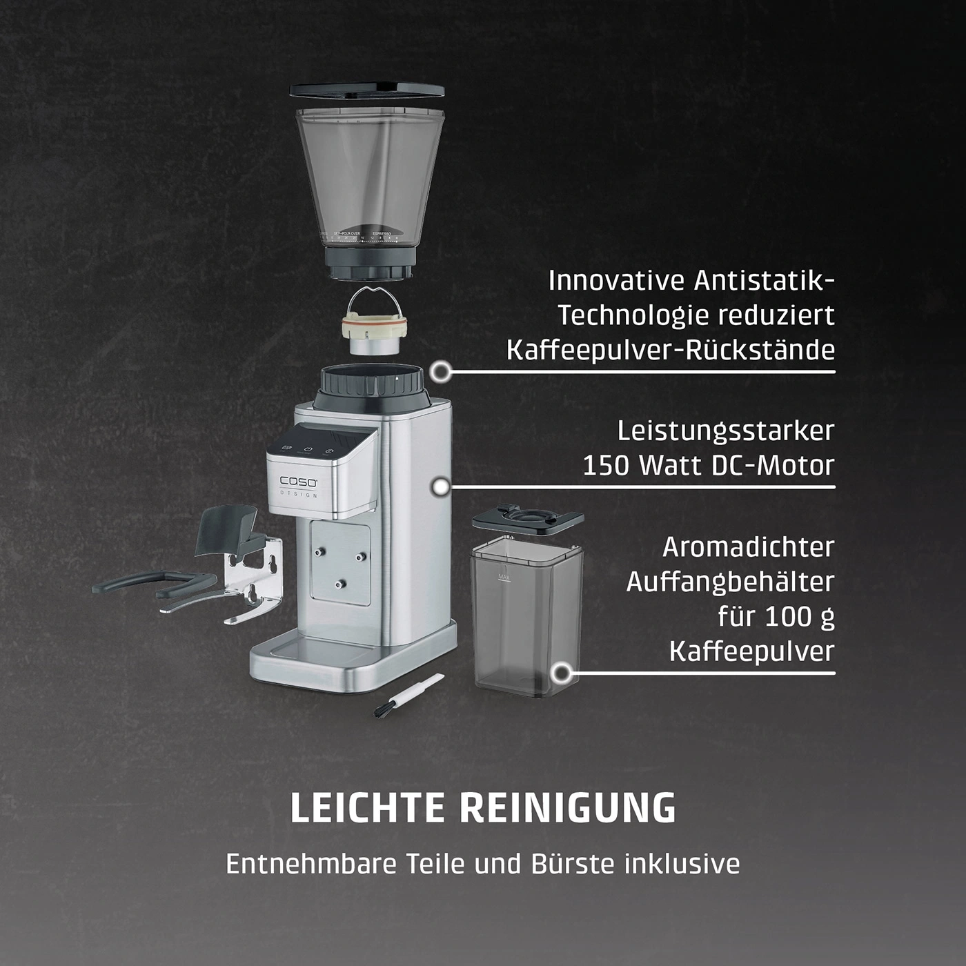 Kaffeemühle mit abnehmbaren Teilen und Bürste