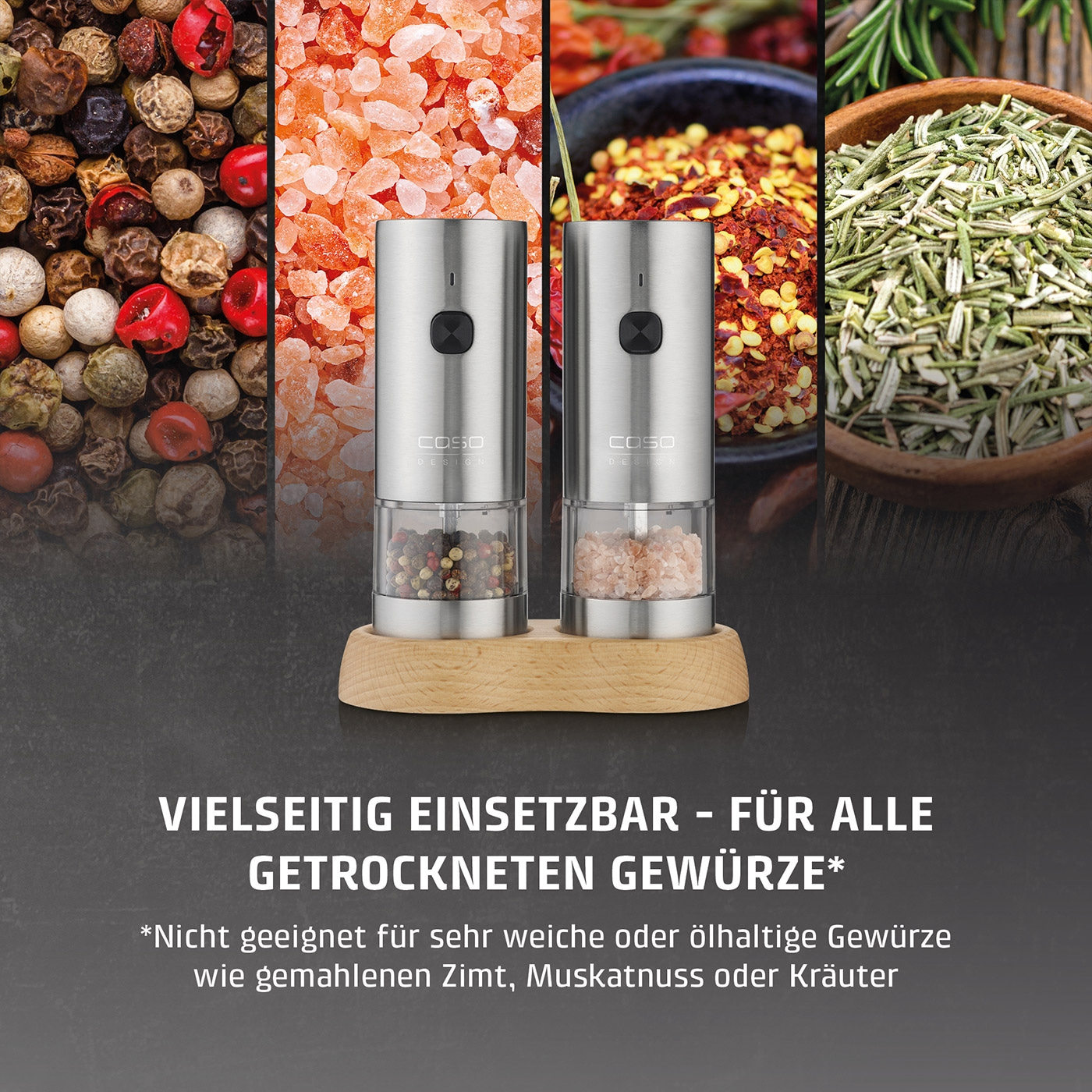Zwei elektrische Gewürzmühlen auf einem Holzständer, umgeben von verschiedenen Gewürzen.