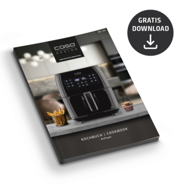 AirFryer cookbook with free download button and product image from Caso Design.