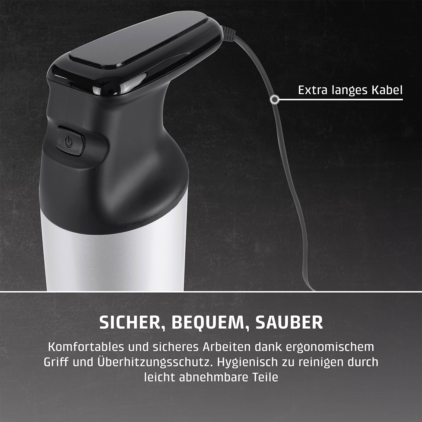Stabmixer mit langem Kabel, sicher, bequem und sauber, ergonomischer Griff.