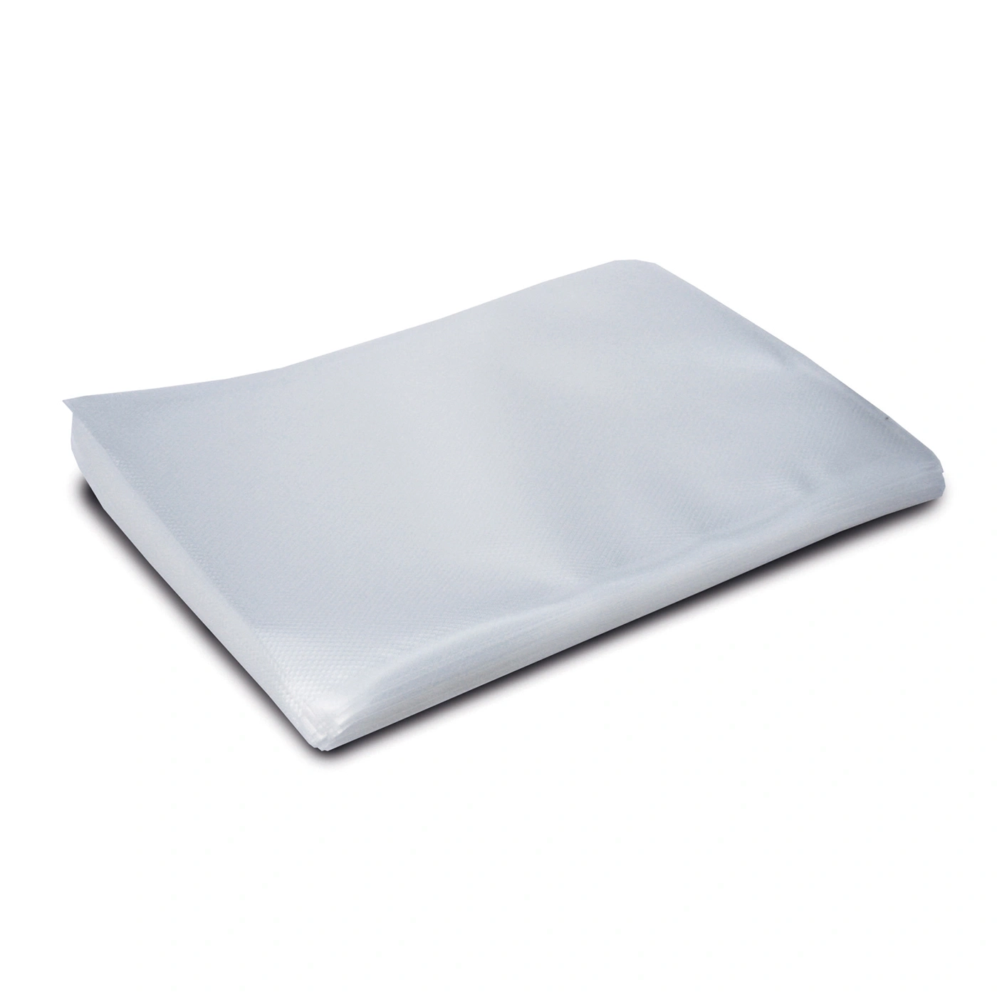 Transparent plastic bag, lying flat, on white background, slightly curved.