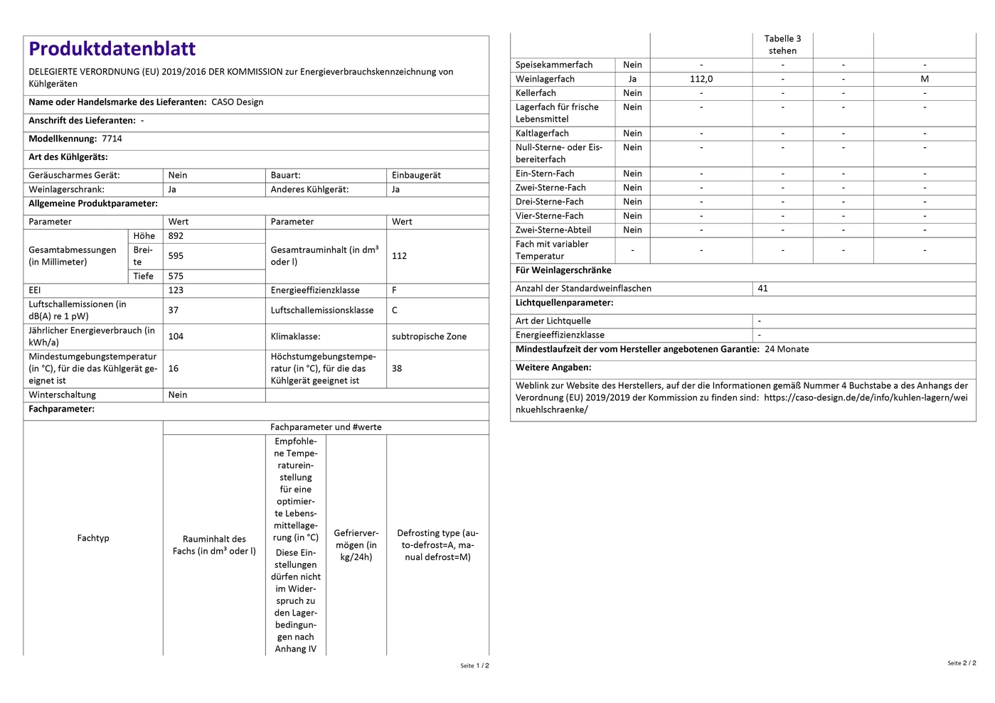Produktdatenblatt mit technischen Daten von Kühlgeräten, einschließlich Energieeffizienz.