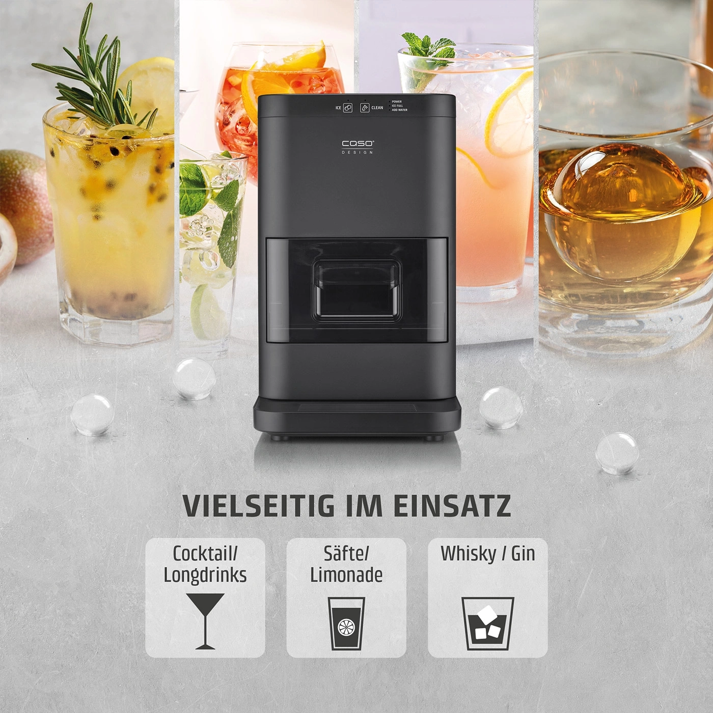 Eismaschine mit Cocktails, Limonaden und Whisky im Einsatz.