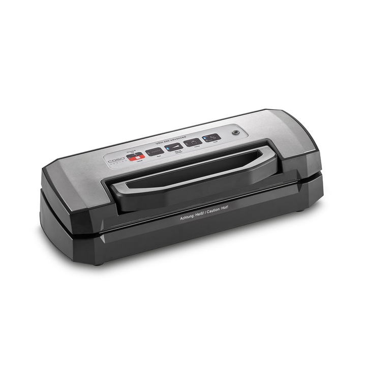 Vacuum sealer, gray and black, with control panel and handle, for food preservation