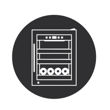 Wine cooler icon, white on gray background, black background, circular shape