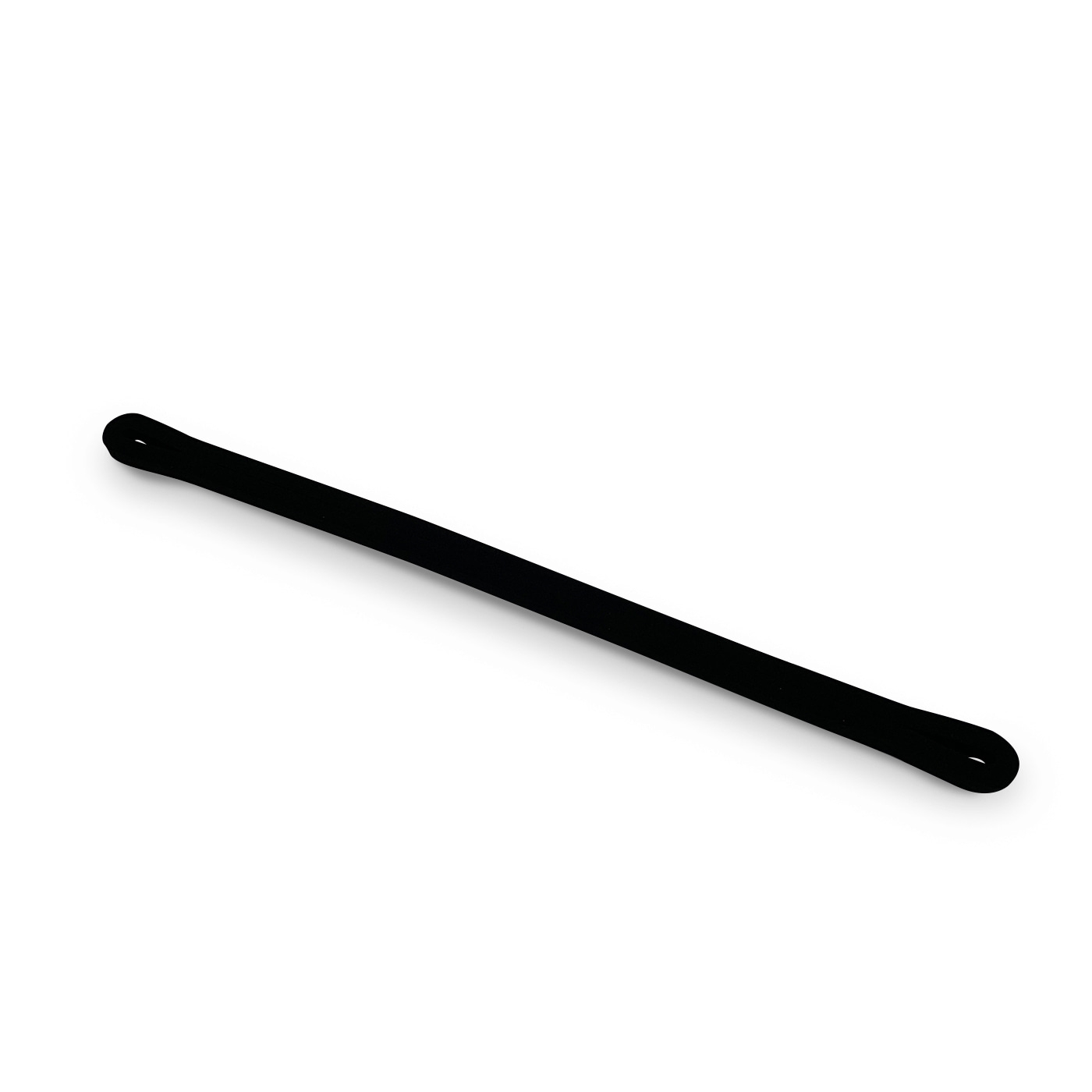 Schwarzes Gummiband, das diagonal auf weißem Hintergrund liegt.