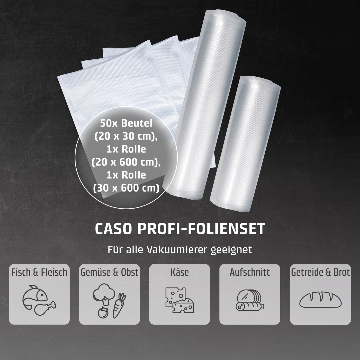Vacuum sealing foil set with bags and rolls for food, fish, vegetables, cheese, cold cuts, bread