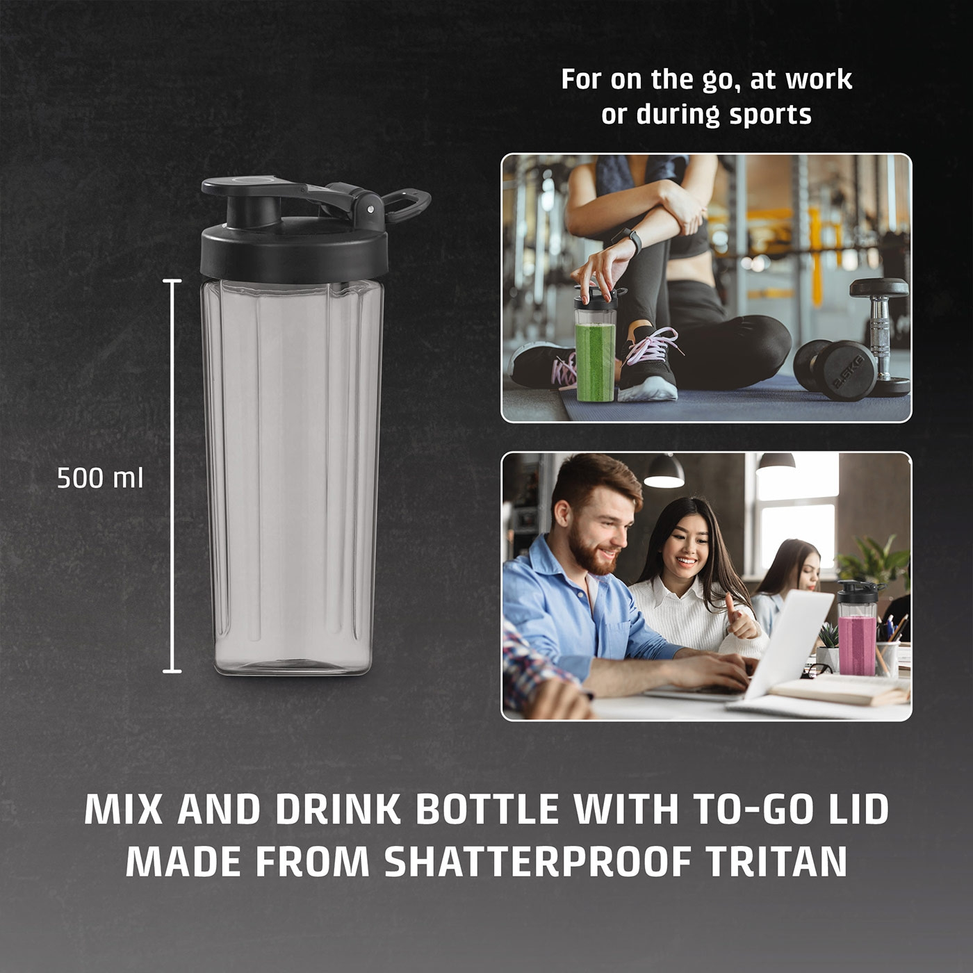 Water bottle with lid, 500ml, for sports and work, unbreakable Tritan