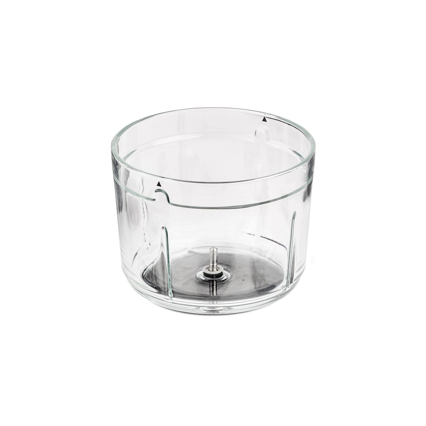 Glasbehälter für Küchenmaschine, transparent, leer, mit Markierungen, isoliert