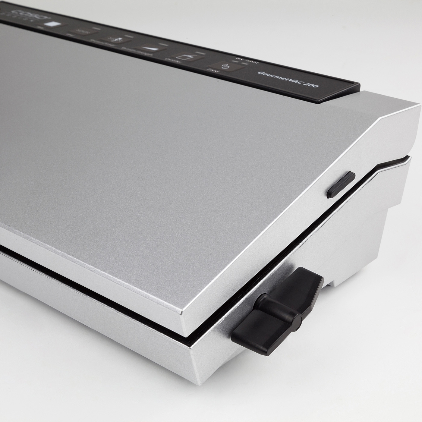 Silver vacuum sealer with black control panel and knob, GourmetVAC 200 appliance.