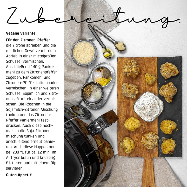 Vegane Variante: Zitronen-Pfeffer-Happen mit Dip, Zubereitung in der Airfryer.