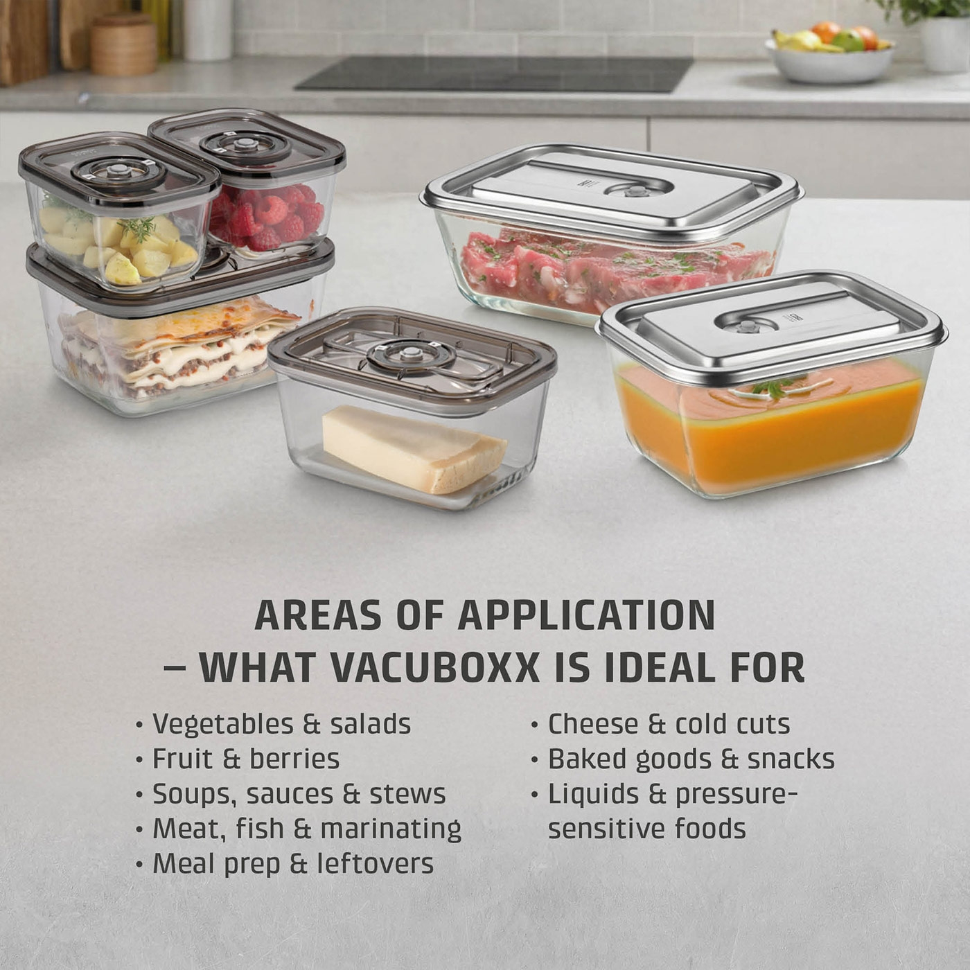 VacuBoxx Eco-Set Stackable glass vacuum container set with SAN lid