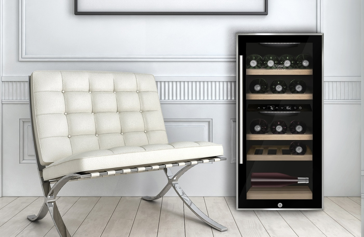 White sofa and wine cooler in modern living room with wooden floor