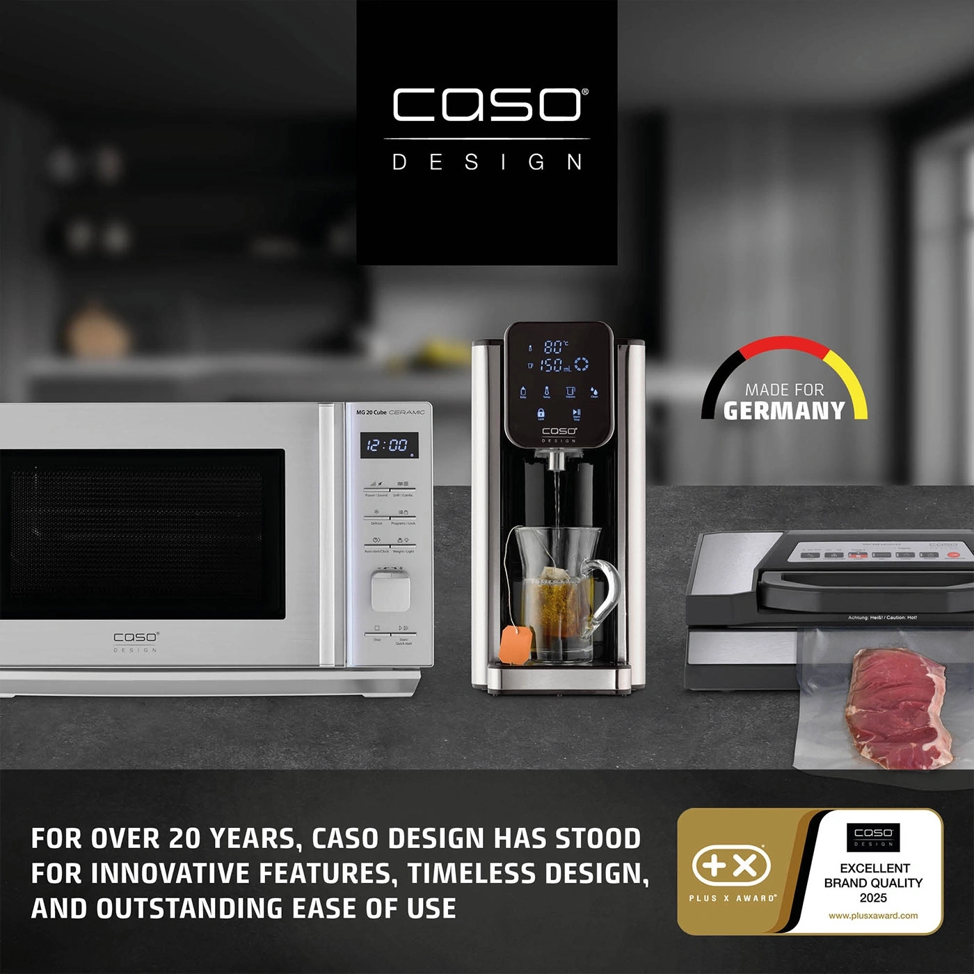 Caso Design kitchen appliances including microwave, kettle and vacuum sealer.
