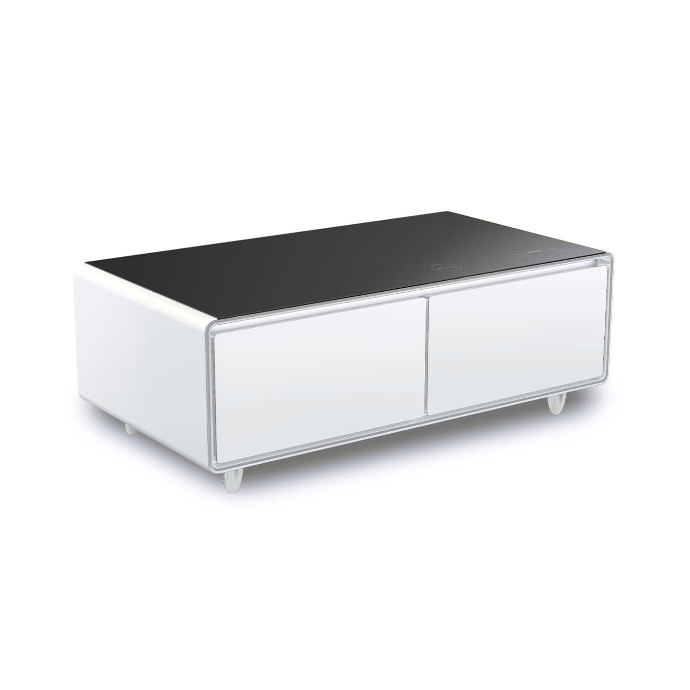 Weißer Couchtisch mit schwarzer Glasplatte und zwei Schubladen, modern