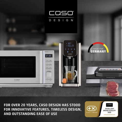 Caso Design kitchen appliances: microwave, water dispenser, vacuum sealer with meat.
