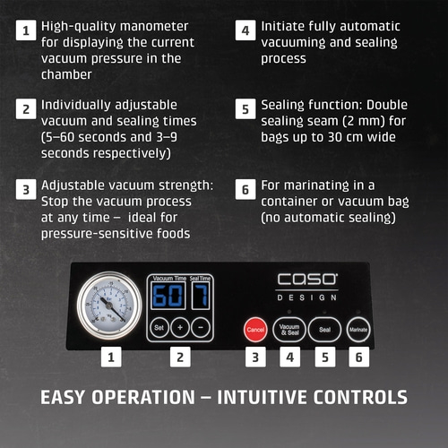 Vacuum sealer with features like manometer, adjustable times, and marinating function.