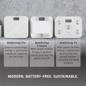 Three white bathroom scales with digital displays and product names below