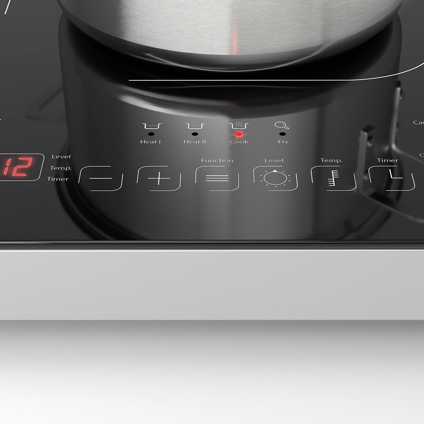 Cooktop with controls, pot, display, functions, temperature, and timer settings.