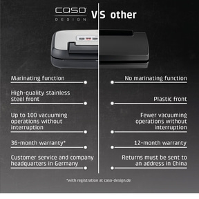 Caso vacuum sealer comparison: Marinier function, stainless steel front, warranty, customer service vs. others.