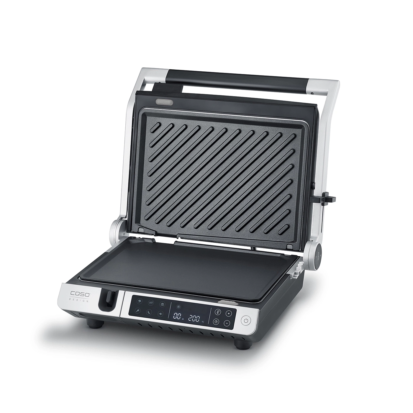 Elektrischer Kontaktgrill mit geöffnetem Deckel und digitaler Anzeige
