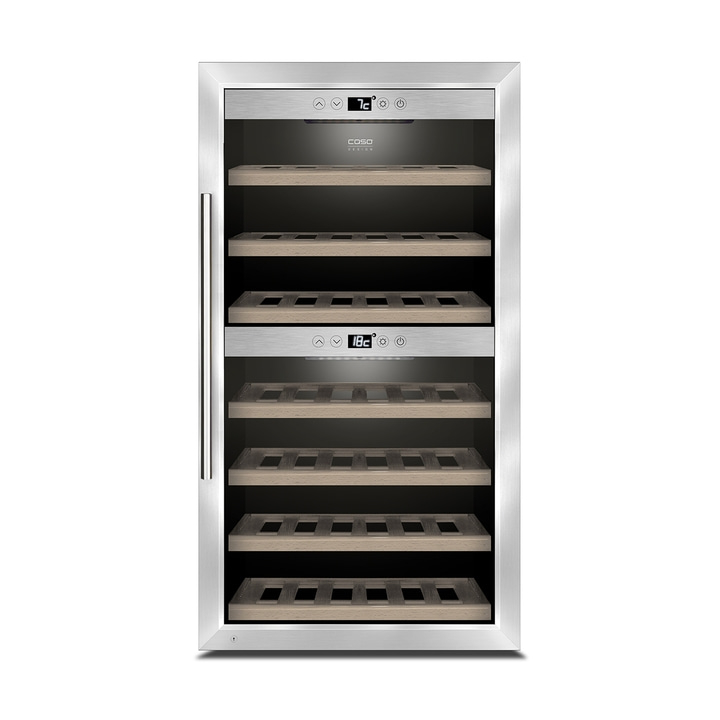 Wine cooler with glass door, wooden shelves, and temperature display