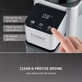 Coffee grinder with timer function and adjustable cup quantity.