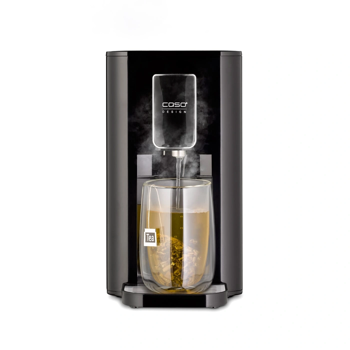 Black tea maker with glass and steam, Caso Design, tea preparation