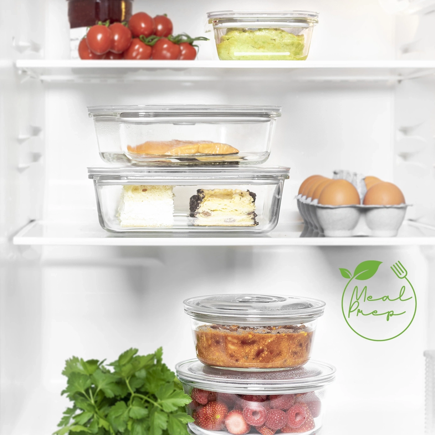 Kühlschrank mit Meal Prep Behältern, Essen, Obst, Gemüse, Eiern, Kuchen, Lachs