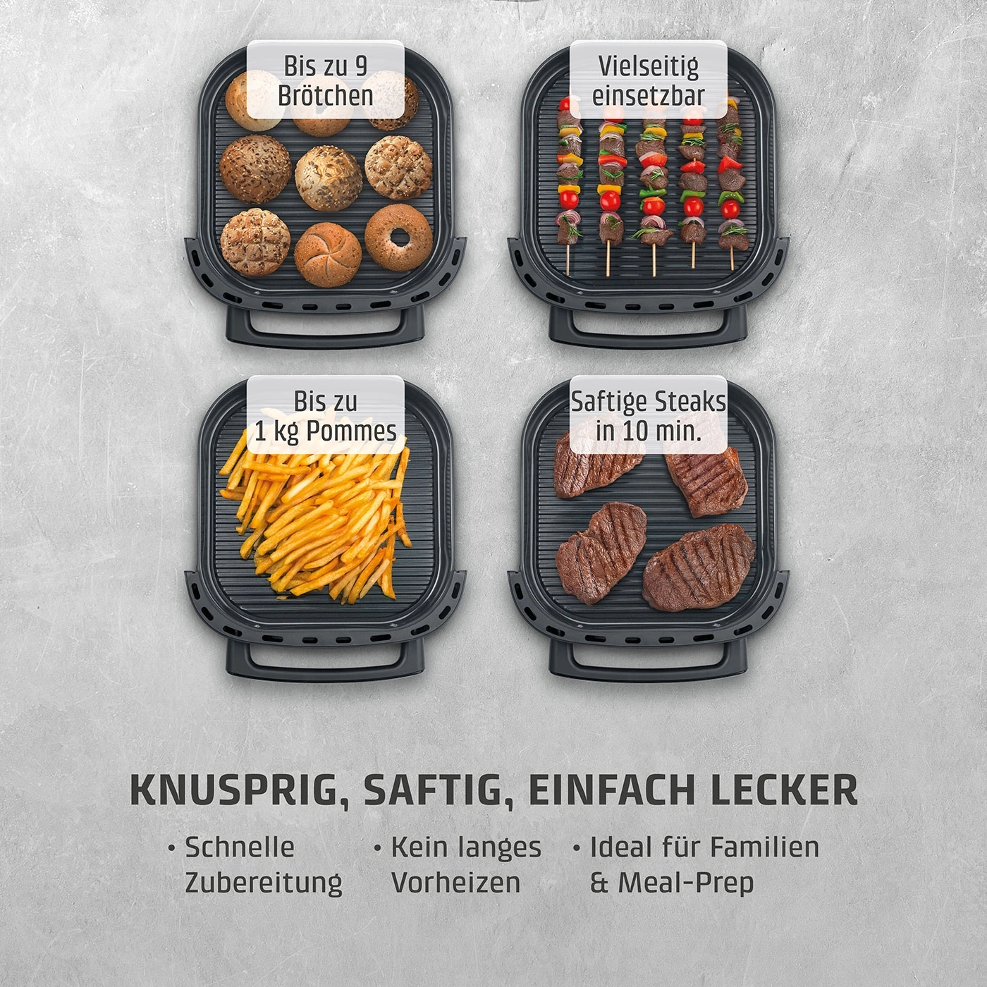 Ein Grill mit Brötchen, Spießen, Pommes und Steaks