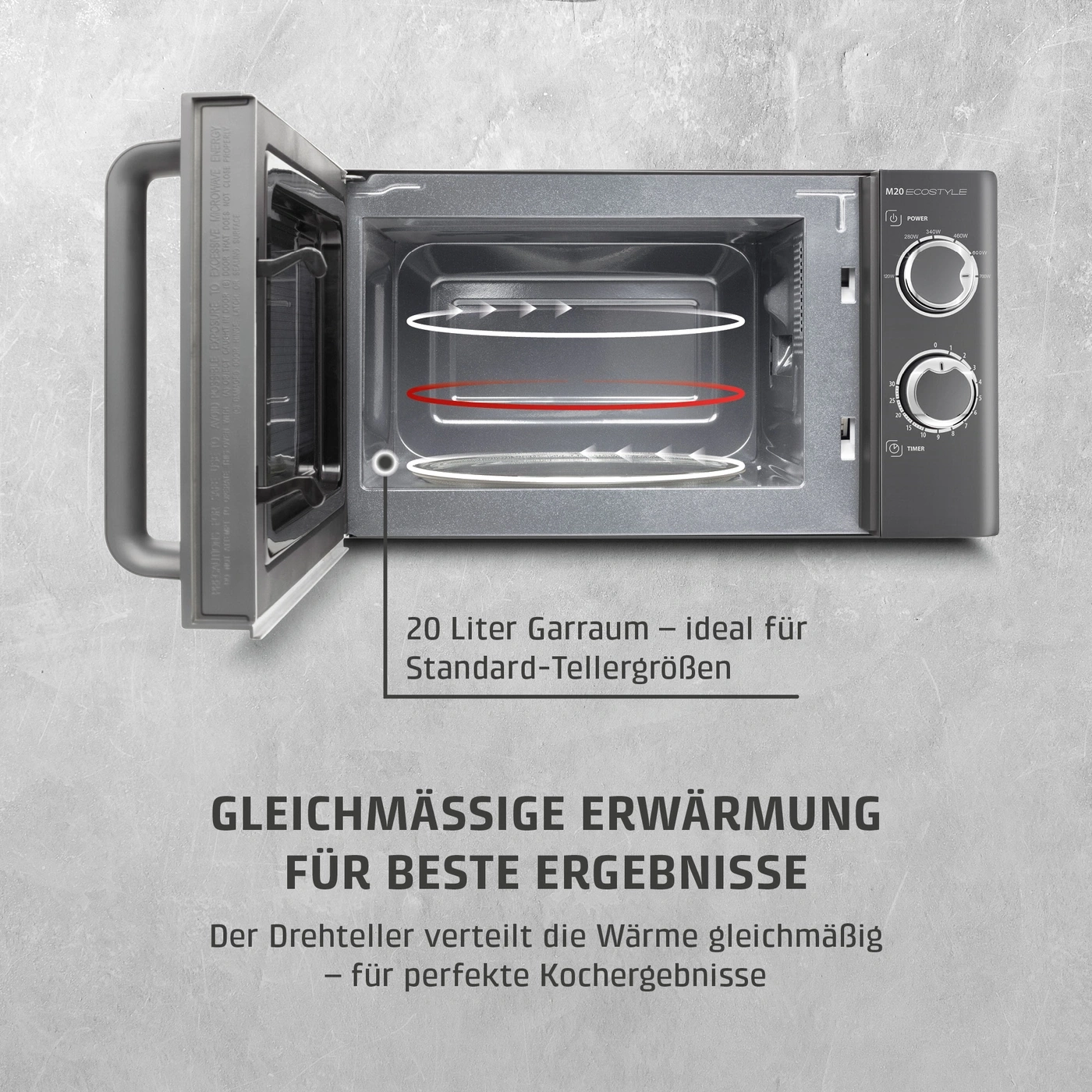 Eine Mikrowelle mit offenem Fach und Bedienelementen, die gleichmäßige Erwärmung verspricht.