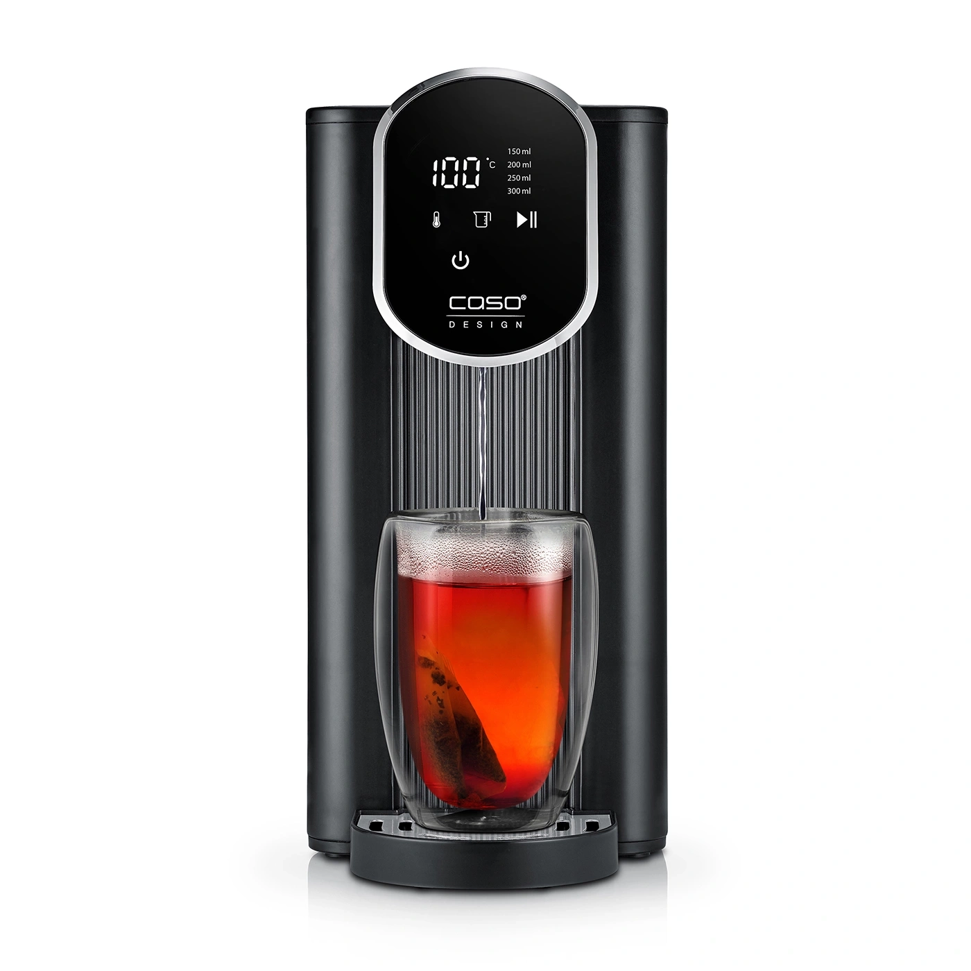 Black water boiler with glass, tea bag, and digital display.